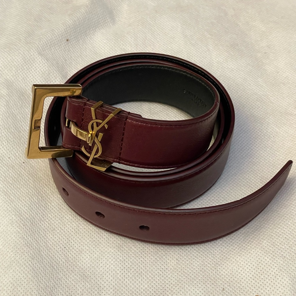 Yves Saint Laurent Burgundy Leather Belt with Gold Buckle